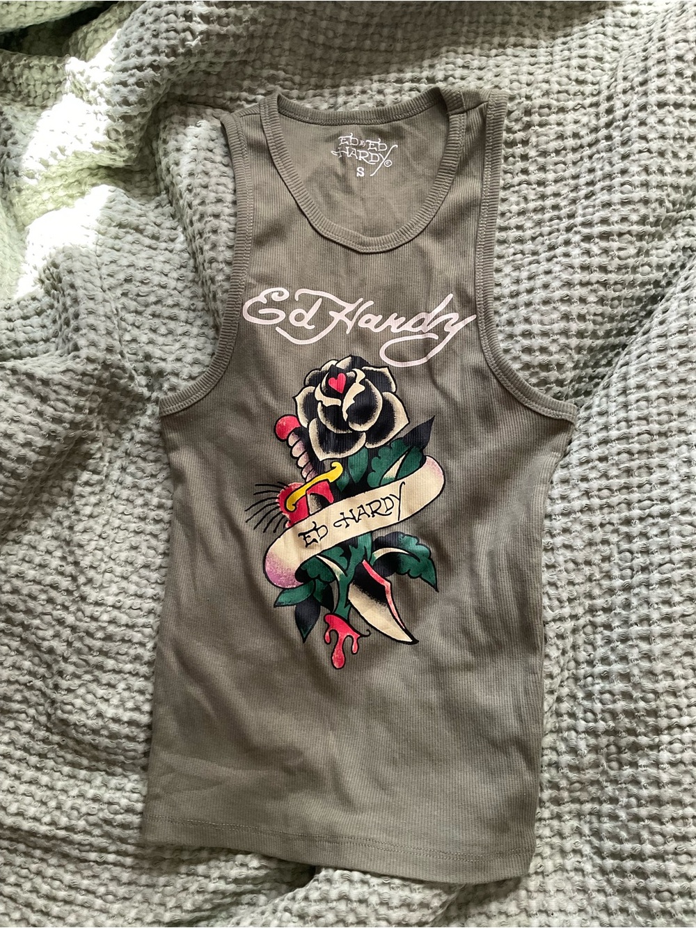 Ed Hardy Olive Tank Top with Multicolor Tattoo Graphic